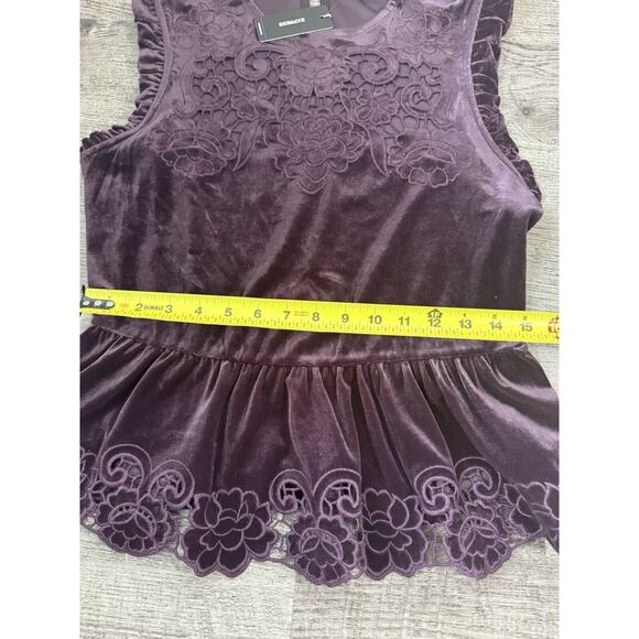 Express Velvet Crew Neck Lace Embroidered Peplum Top Size Medium Merlot $78 - Picture 10 of 11